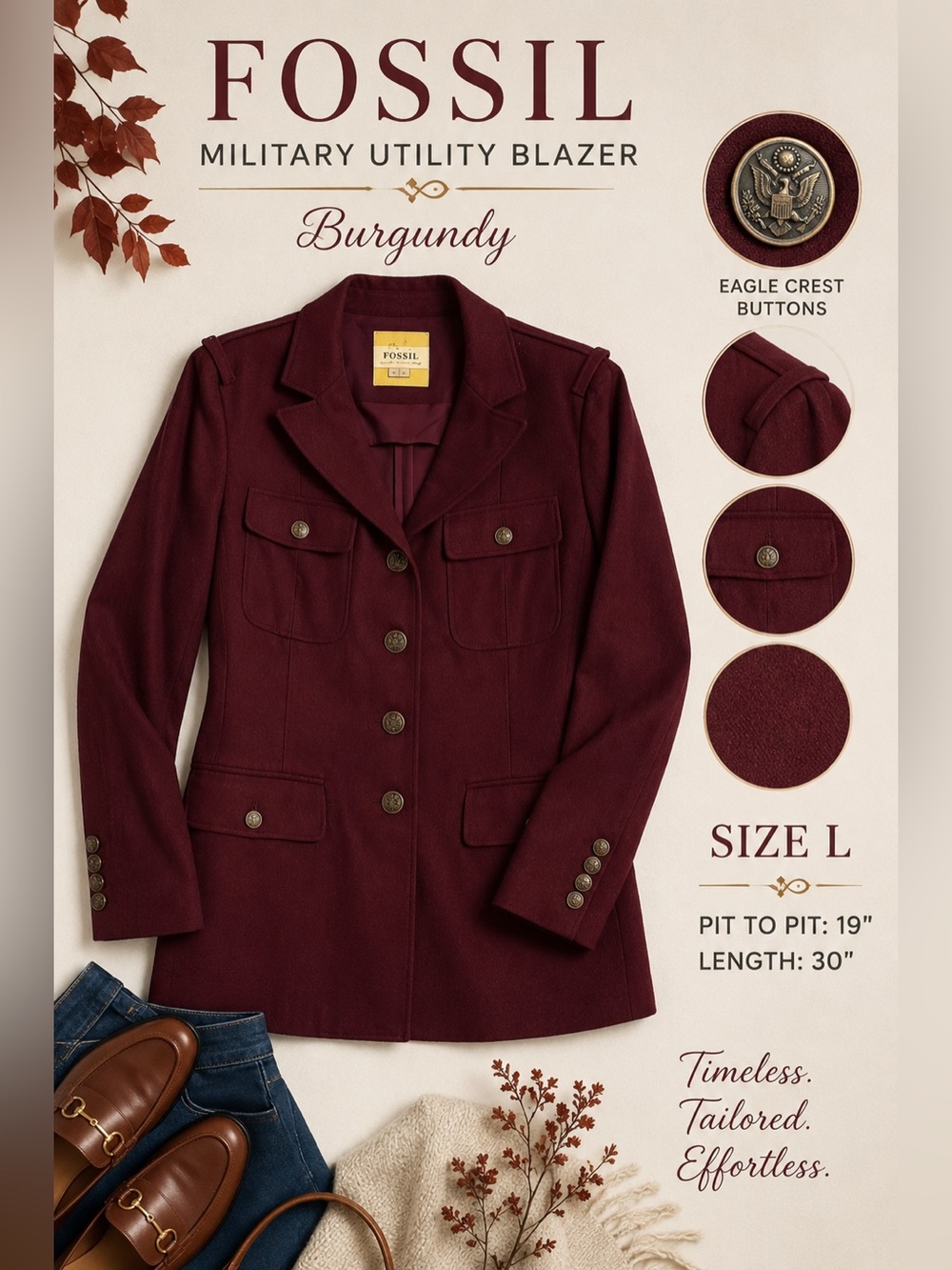 Fossil Women’s Burgundy Military Utility Blazer Jacket Size L Eagle Buttons